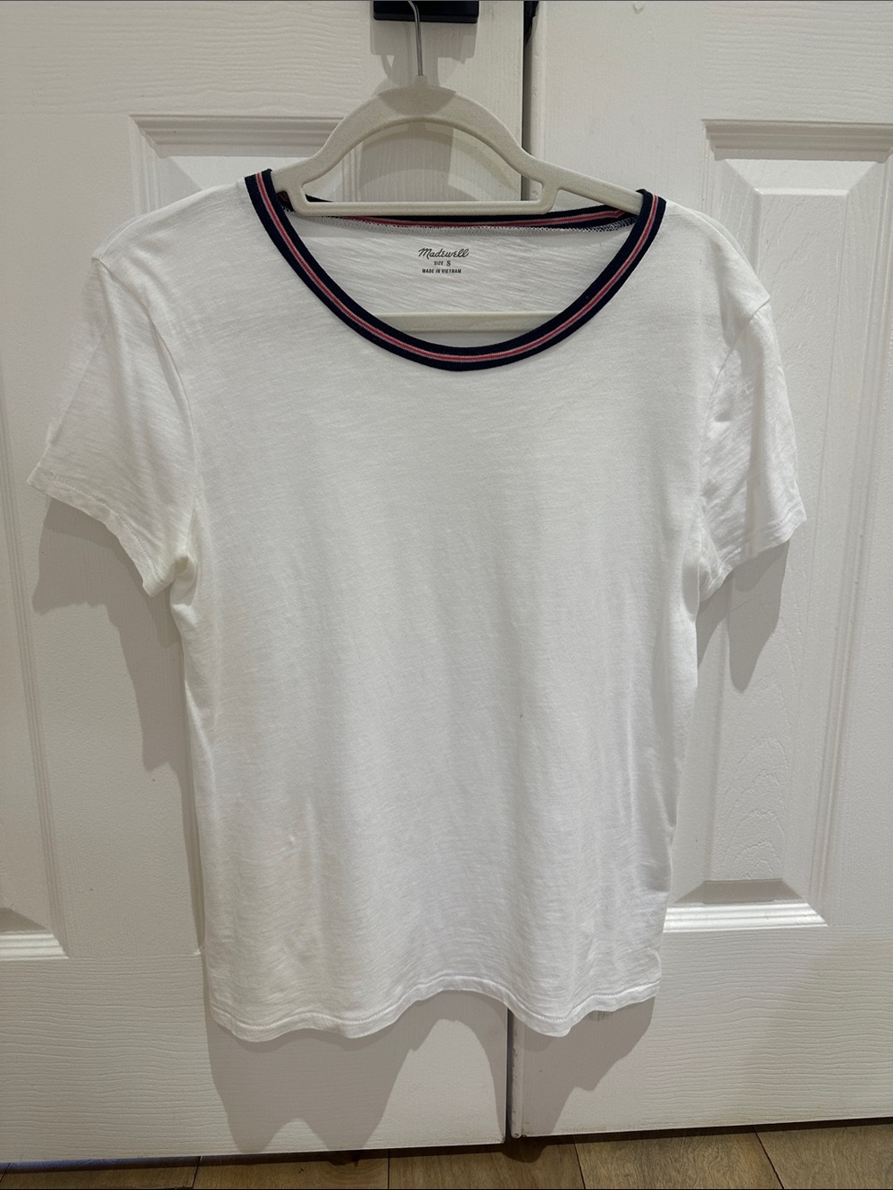 Madewell White Tee with Navy, Red, and Pink Trim